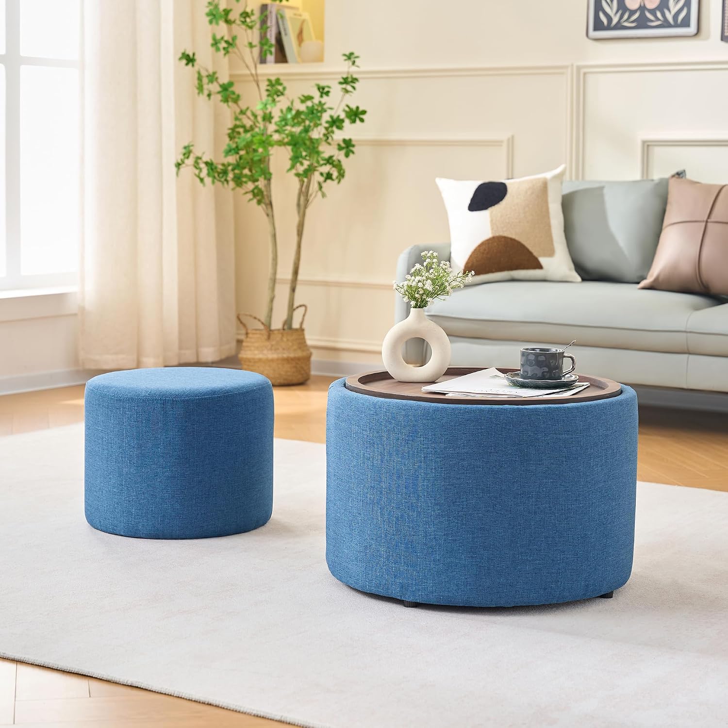 2-Piece Ball & Cast Nesting Storage Ottomans with Wooden Tray, Round Linen Upholstered Ottoman Bench and Coffee Table Set, 22.75 Inch Multi-Functional Footstool for Living Room (Blue)