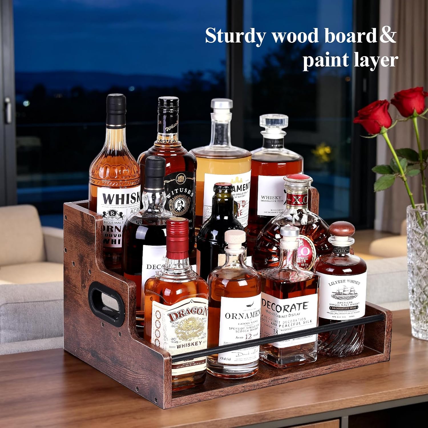 Bottle Display Shelf, Coffee Syrup Rack Organizer, 3 Step Countertop Liquor Wine Rack, mini bar,Liquor Cabinet, Home Retro Bar Shelf Stand for Liquor Whiskey, Spirits (3 Tier)