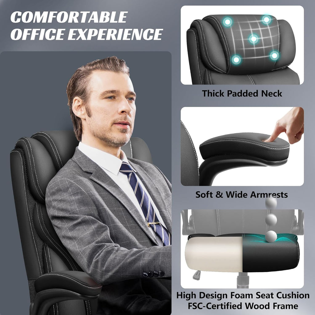 HeroSet Office Chair, Ergonomic Big and Tall Computer Desk Chairs, Executive Breathable Leather Chair with Adjustable Flip-up Armrests, Lumbar Support Swivel PC Chair with Rocking Function,Matte Black