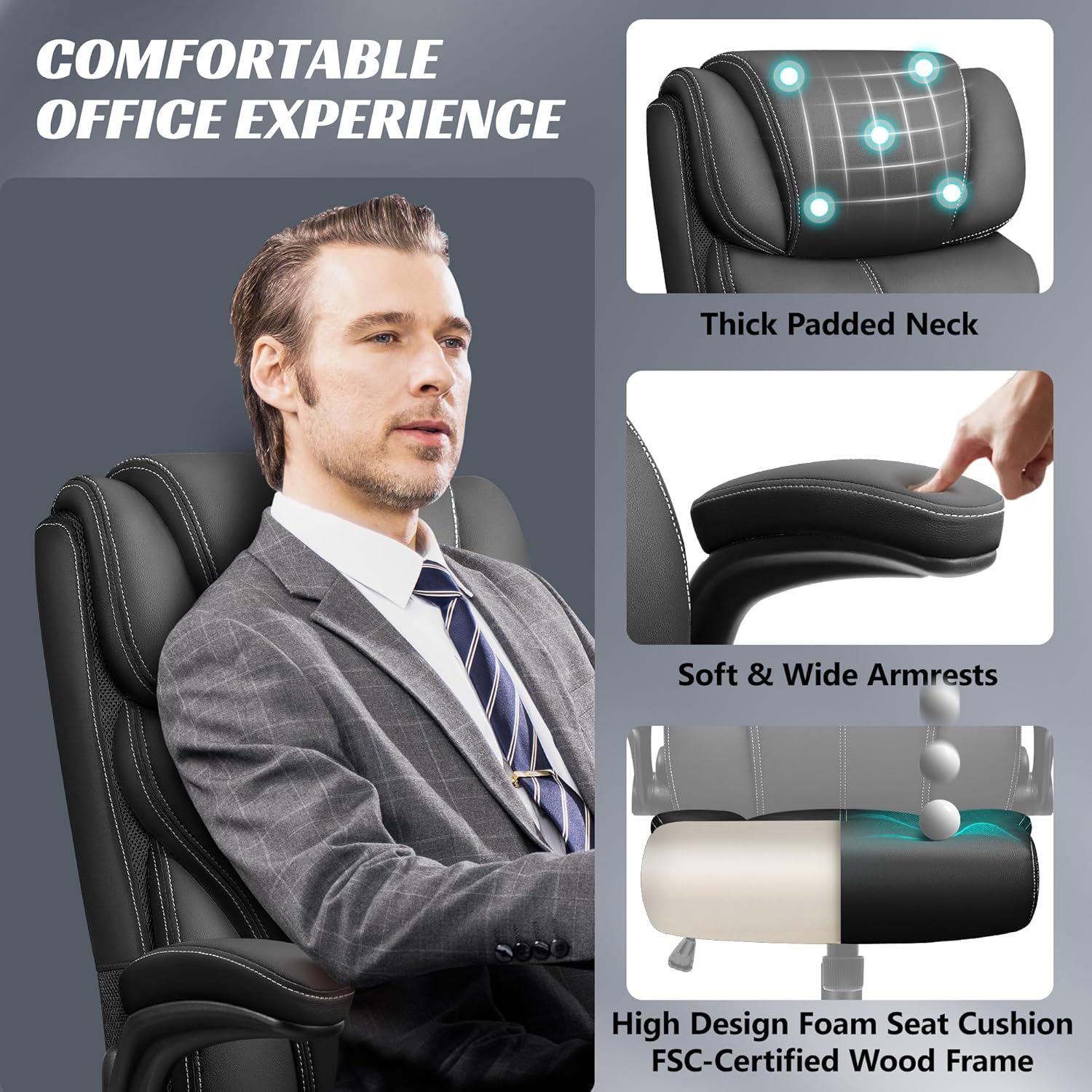 HeroSet Office Chair, Ergonomic Big and Tall Computer Desk Chairs, Executive Breathable Leather Chair with Adjustable Flip-up Armrests, Lumbar Support Swivel PC Chair with Rocking Function,Matte Black