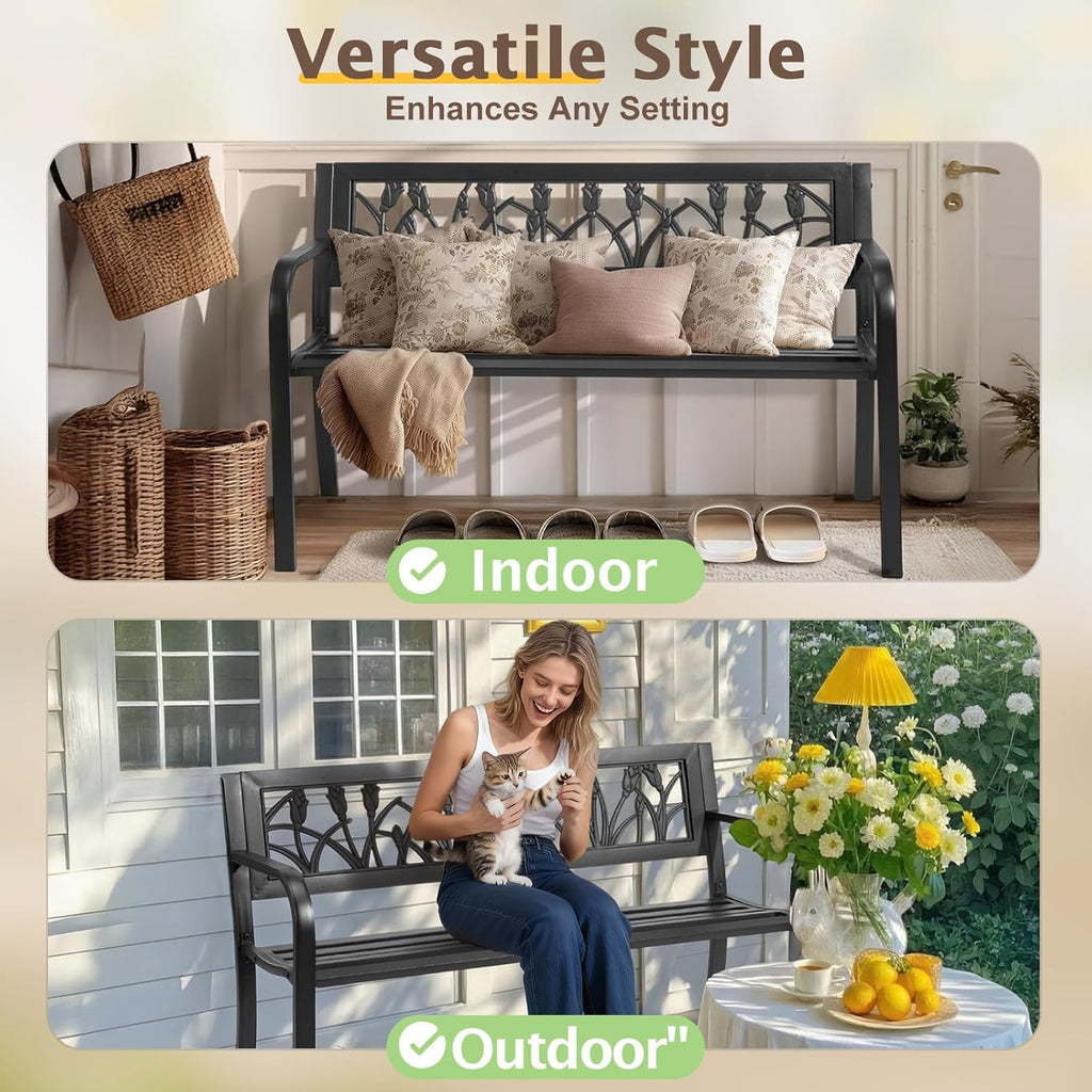 VINGLI Outdoor Metal Bench w/PVC Back - All Weather Resistant Black Garden Patio Bench for Entryway Front Porch Entryway Decor Deck (Black, Tulip)