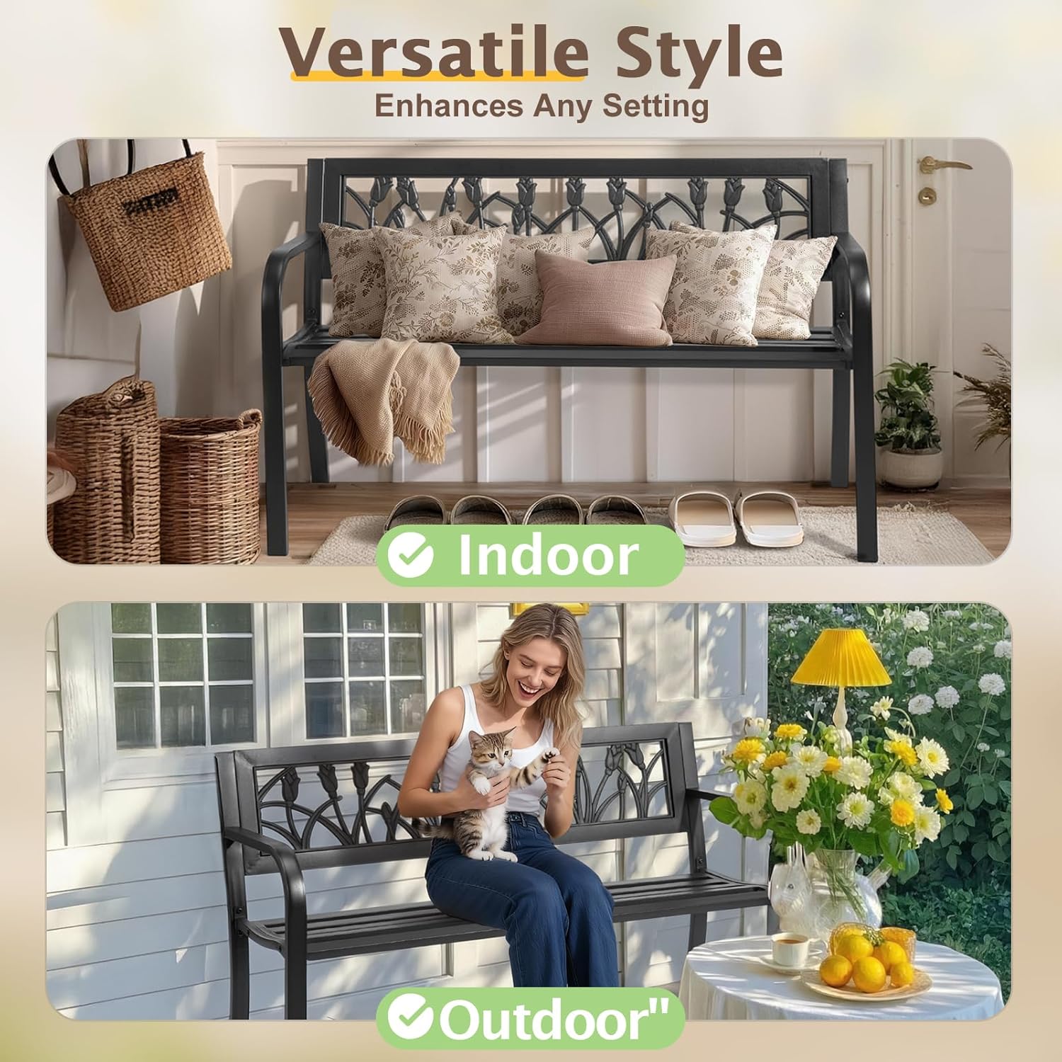 VINGLI Outdoor Metal Bench w/PVC Back - All Weather Resistant Black Garden Patio Bench for Entryway Front Porch Entryway Decor Deck (Black, Tulip)