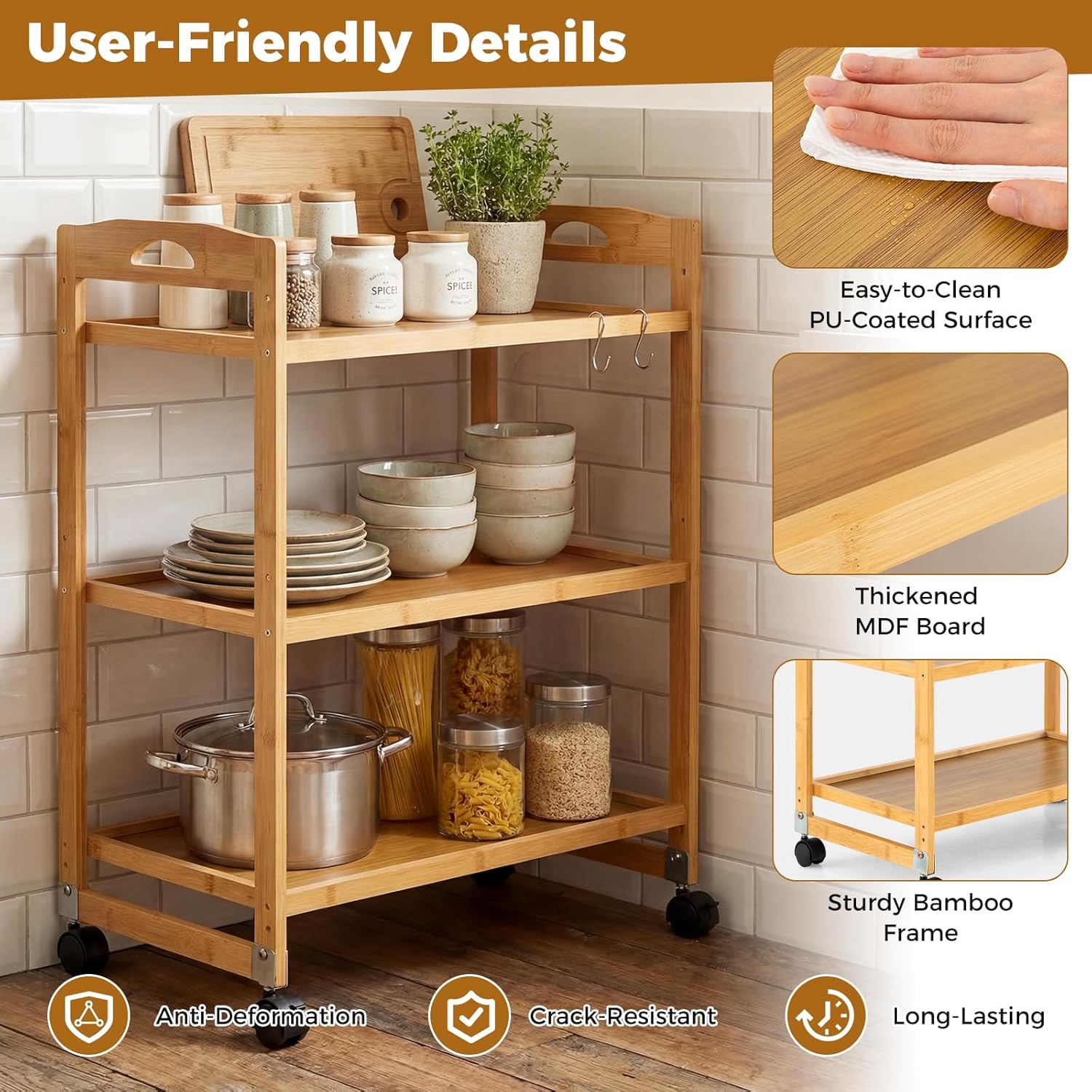 Giantex 3-Tier Rolling Storage Cart, Bamboo Utility Cart w/ 3 Side Hooks & Adjustable Shelves, Multifunctional Kitchen Cart on 2 Lockable Wheels for Living Dining Room, Laundry, Bathroom, Office Art