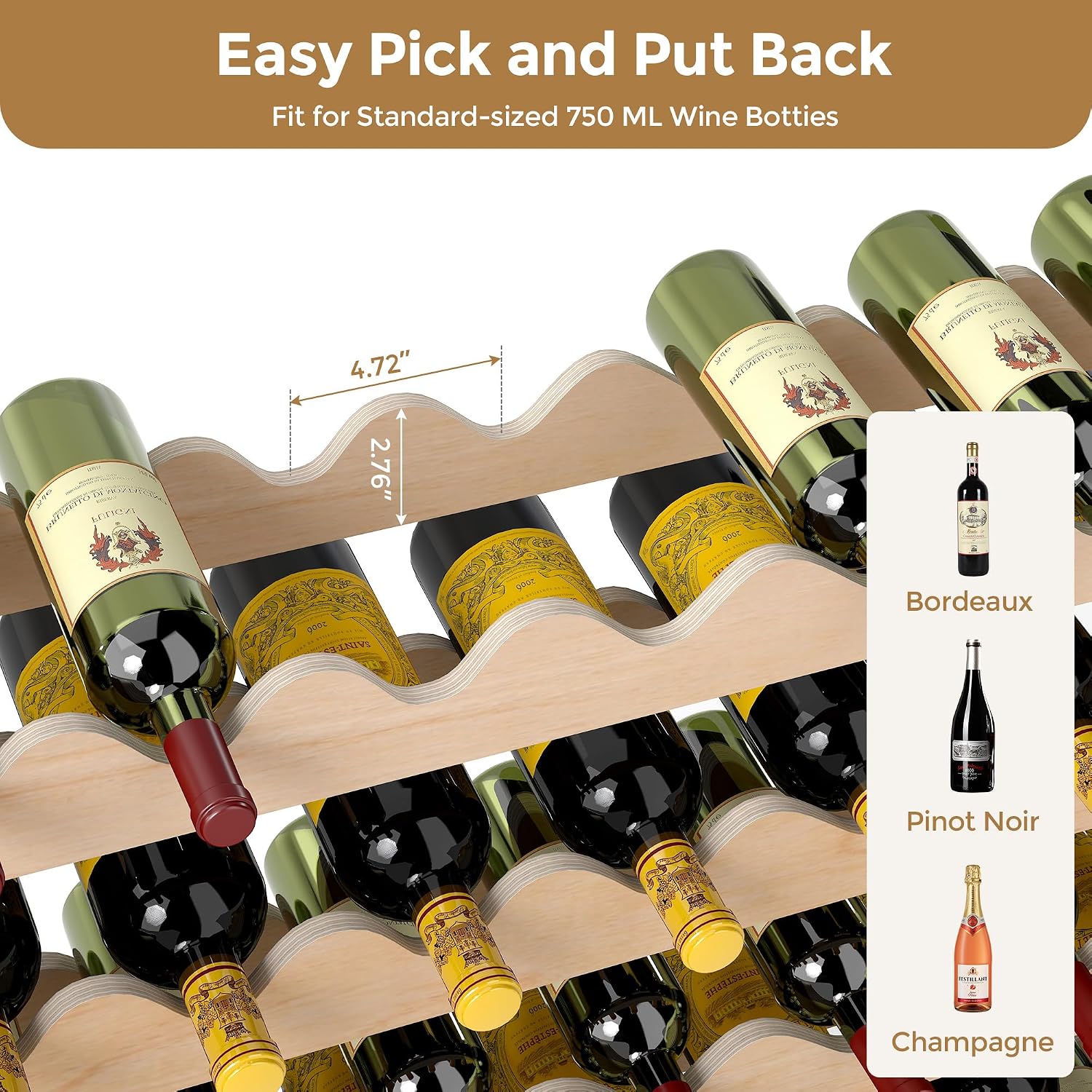 Stackable Wine Rack - 6-Tier Wobble-Free Modular Wine Holder, Freestanding Wooden Wine Storage Shelf for 750ML Bordeaux/Riesling/Burgundy Bottles, Fit Kitchen Cellar Gift for Wine Lovers(54 Bottle)