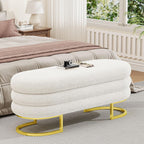 Halitaa 48.82" Storage Ottoman Bench, Large Oval Ottoman with Padded Blanket and Chest Aesthetic Upholstered Fabric Storage Bench Shoe Seat with Golden Metal Leg for Bedroom, Entryway, Living Room
