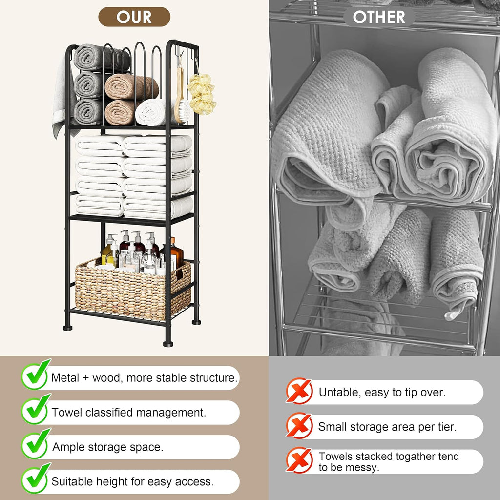 Towel Racks for Bathroom 3-Tier, Durable Metal Towel Rack Stand, Pool Items Holder, M-Shaped Detachable Dividers for Towel Storage, Space-Saving Storage Organizer Black, Patent Pending