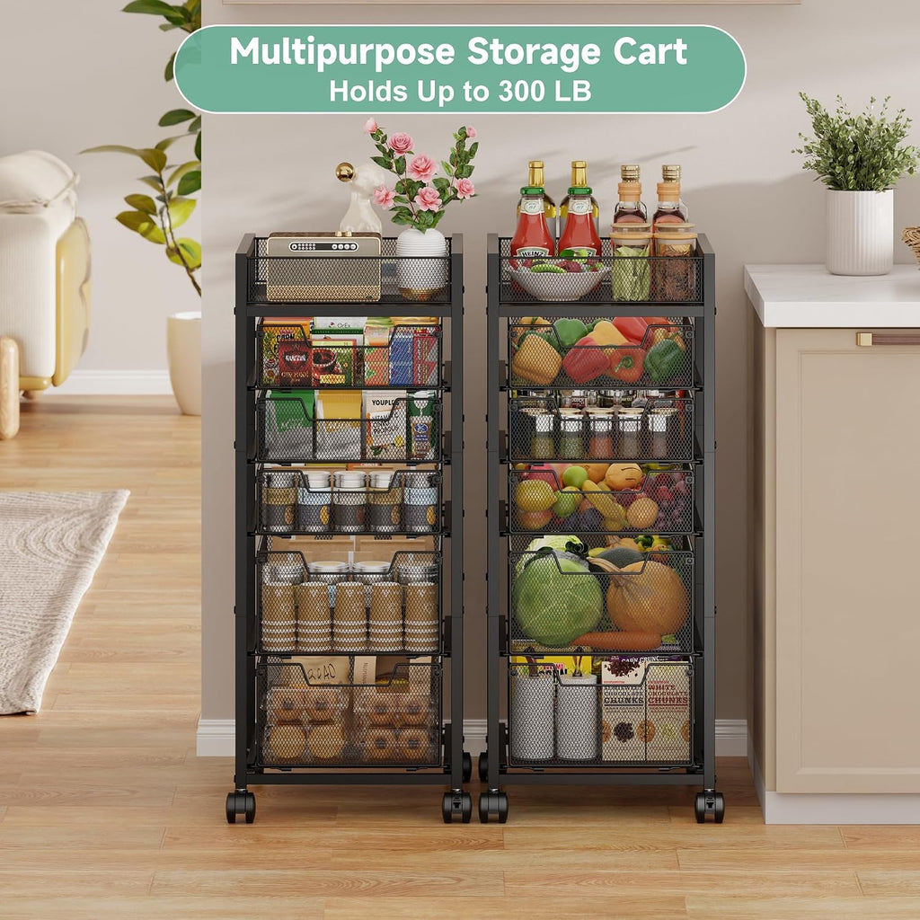 6-Tier Rolling Cart with 5 Drawers & Top Basket, Snack Cart with Wheels | Metal Utility Storage Cart - Fruit Vegetable Rack on Wheels, Kitchen Organization for Cans, Spices, Craft, Art, Beauty