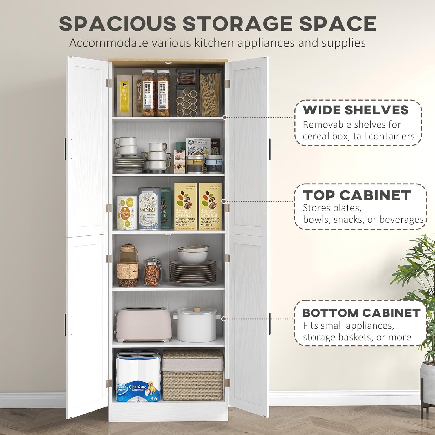 HOMCOM 67" Freestanding Kitchen Pantry, 4-Door Storage Cabinet Organizer with Adjustable Shelves, Kitchen Cabinet with Doors and Shelves, Distressed White