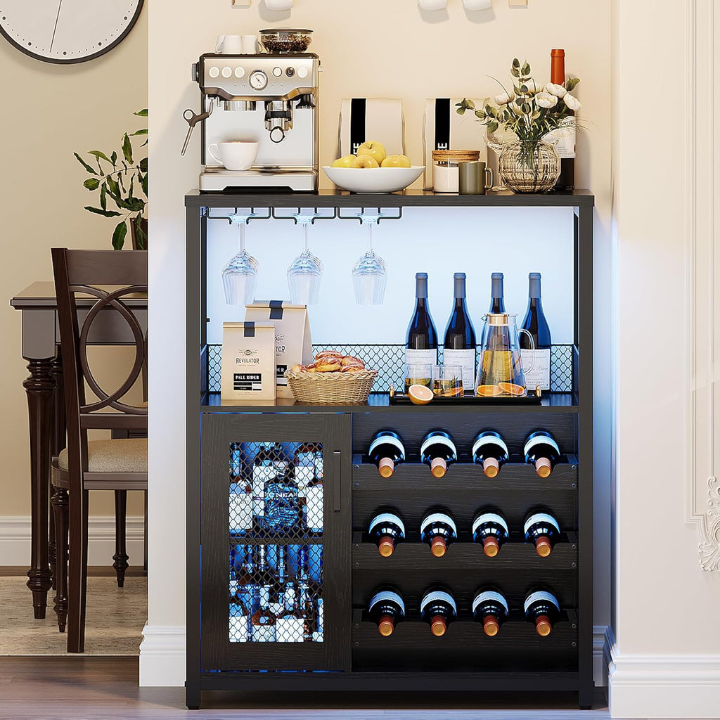 IDEALHOUSE Wine Bar Rack Cabinet with LED Light, Adjustable Shelves Coffee Bar Cabinet with Mesh Door and Baffle Design, 36 in Tall Small Liquor Bar Cabinet for Home, Kitchen, Dinning Room, Black