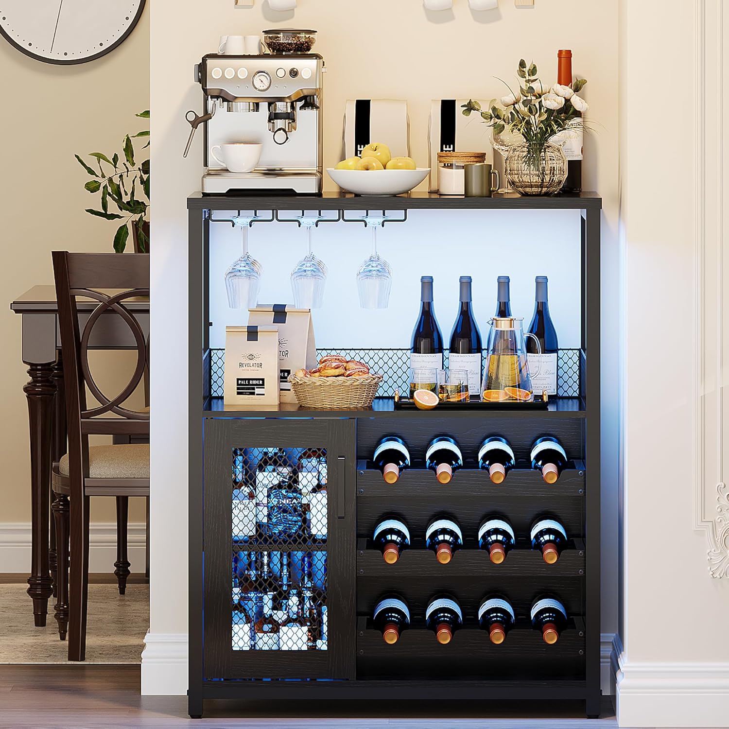 IDEALHOUSE Wine Bar Rack Cabinet with LED Light, Adjustable Shelves Coffee Bar Cabinet with Mesh Door and Baffle Design, 36 in Tall Small Liquor Bar Cabinet for Home, Kitchen, Dinning Room, Black