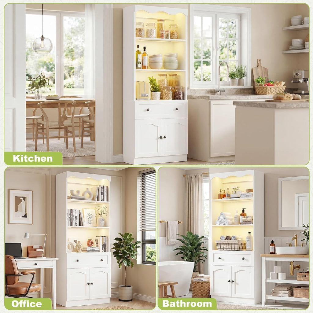 Cyclysio 80" Tall Pantry Cabinet with Motion Sensor LED Lights, Kitchen Storage Cabinet for Coffee Bar and Dining Room, Tall Bookshelf with 3.15" Baseboard Cutout, Drawer and Cupboard, White