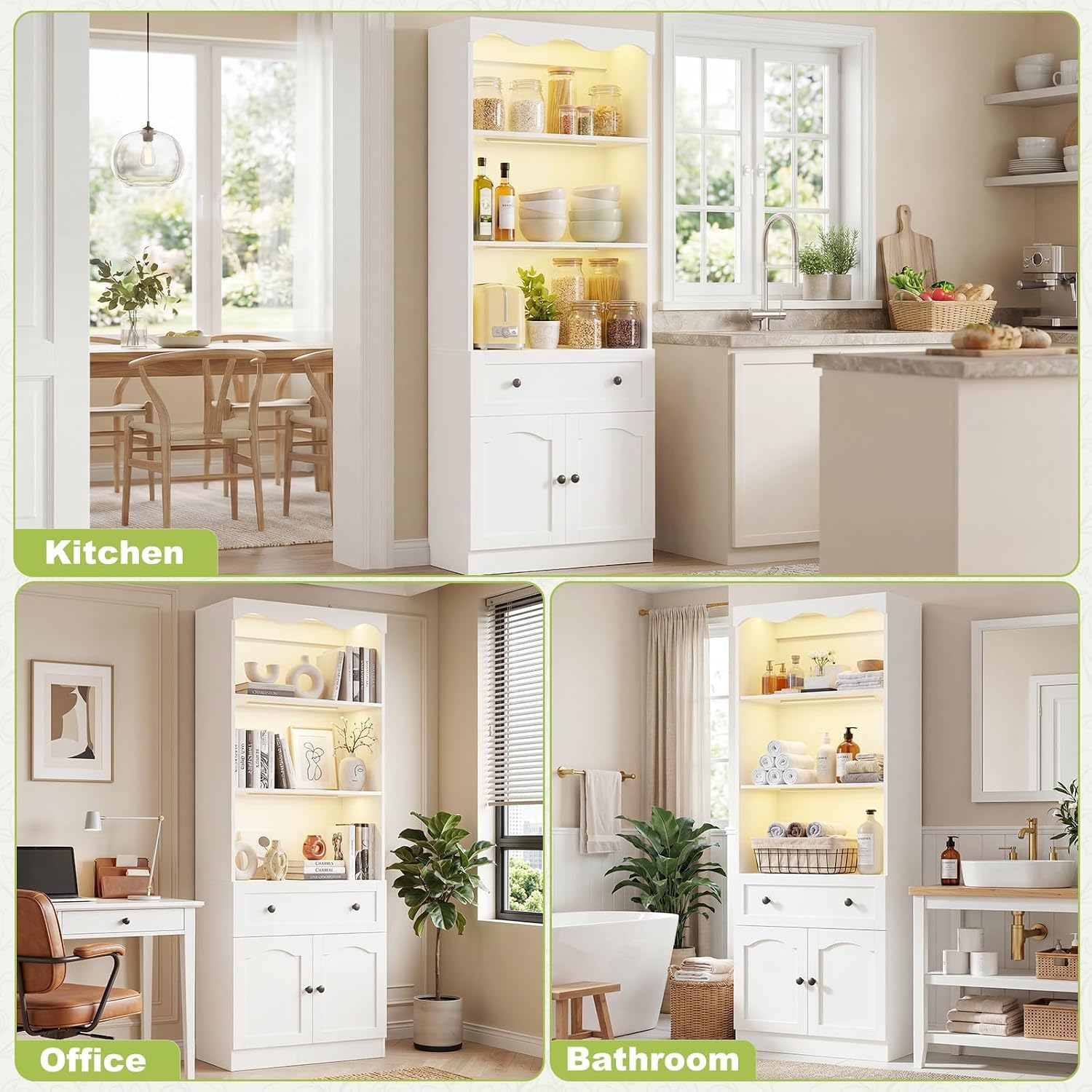 Cyclysio 80" Tall Pantry Cabinet with Motion Sensor LED Lights, Kitchen Storage Cabinet for Coffee Bar and Dining Room, Tall Bookshelf with 3.15" Baseboard Cutout, Drawer and Cupboard, White