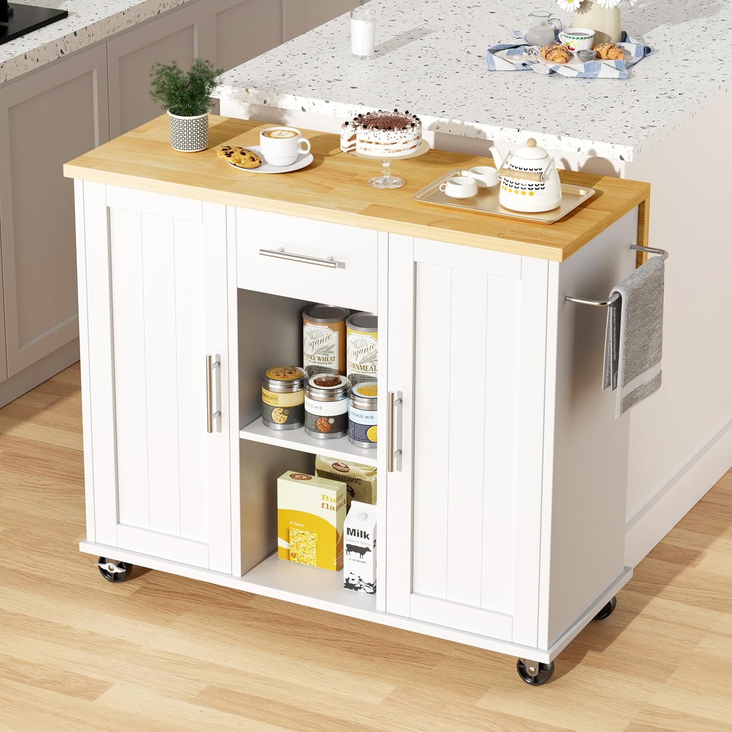 JY QAQA 42" Rolling Kitchen Island Cart with Storage, Drop Leaf Countertop, Drawers & Towel Rack, Mobile Kitchen Table on Wheels for Kitchen Dining Room, White