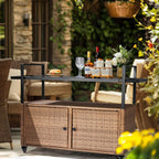 VINGLI Outdoor Storage Cabinet with Wheels, Waterproof Woven Rattan with Double Magnetic Doors, Mobile Multi-Purpose Cabinet for Storage, Buffet Server, Bar Table, Potting Bench (Glass Top)