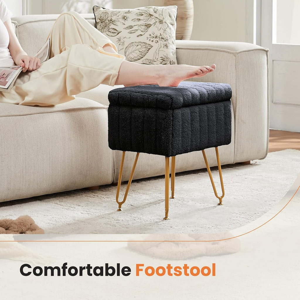 DUMOS Vanity Stool Chair, Ottoman with Storage, Makeup Cute Soft Small Footstool, Modern Style Faux Fur Seat with 4 Metal Legs & Adjustable Feet for Dressing, Living Room, Bedroom, Dorm, Black