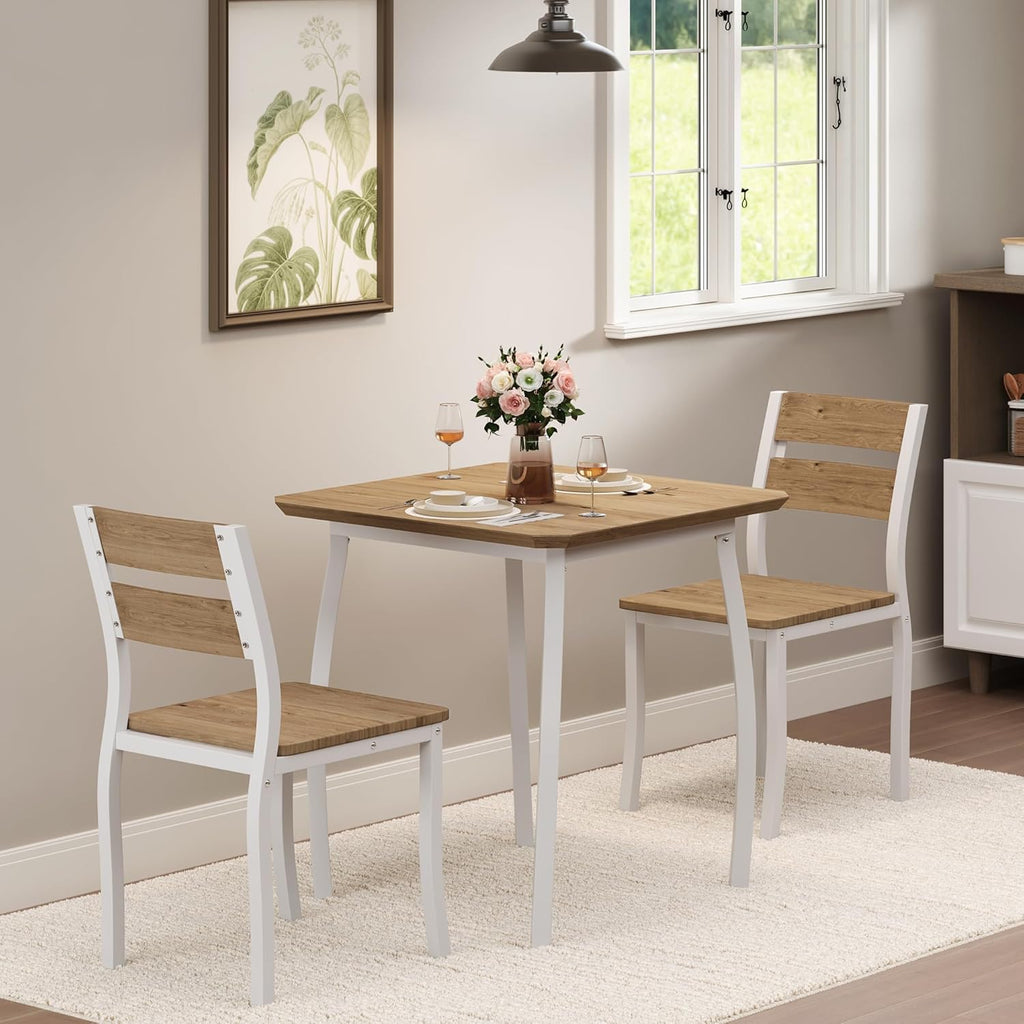Garvee 3 Piece Dining Table Set for 2, Farmhouse Kitchen Table and Chair, Metal Frame Square Dining Room Table Set for Small Space, Apartment, Studio, White & Natural