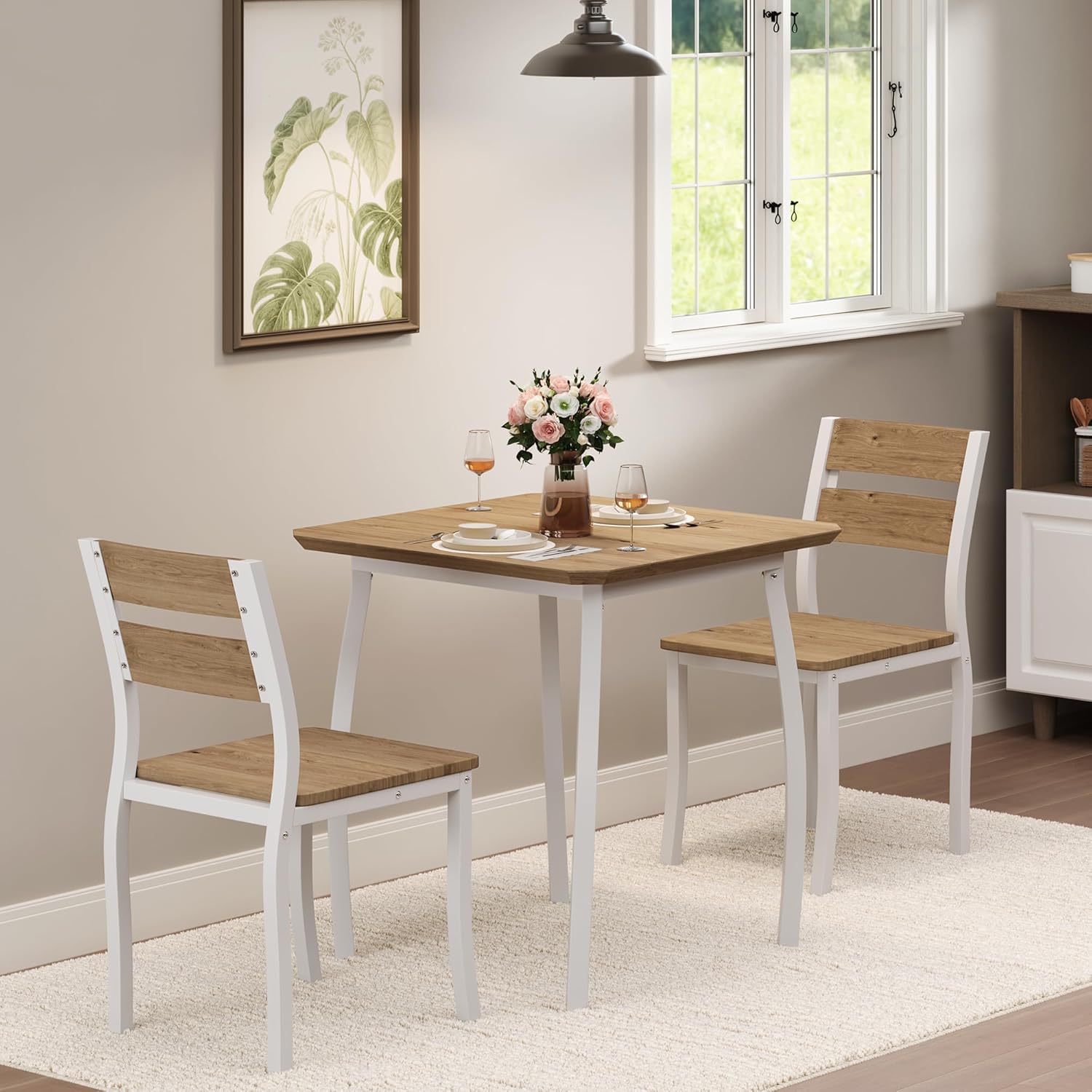 Garvee 3 Piece Dining Table Set for 2, Farmhouse Kitchen Table and Chair, Metal Frame Square Dining Room Table Set for Small Space, Apartment, Studio, White & Natural