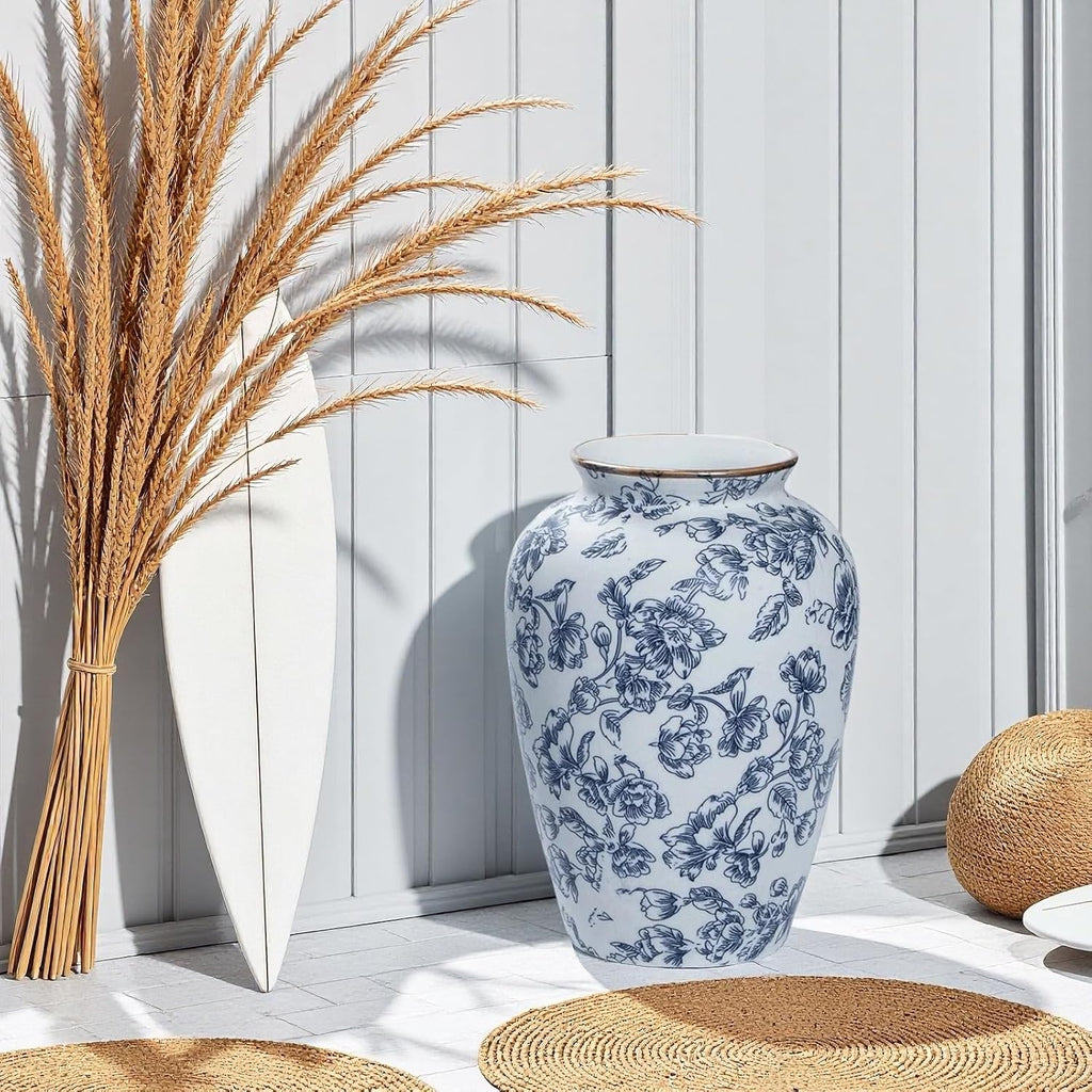 Blue and White Chinoiserie vase - Vintage Ceramic vase with Antique Design, Perfect for Chinoiserie Home Decor 9in Flower vase04