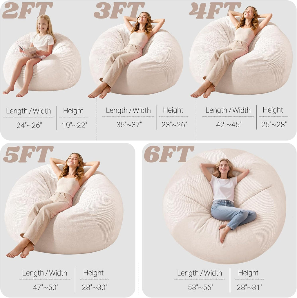 Homguava 4FT Bean Bag Chairs for Adults Teardrop BeanBag Chair Comfy Memory Foam Bean Bags Two-Tone Distressed Velvet&Corduroy Washable Cover for Living Room, Home (Corduroy, White)