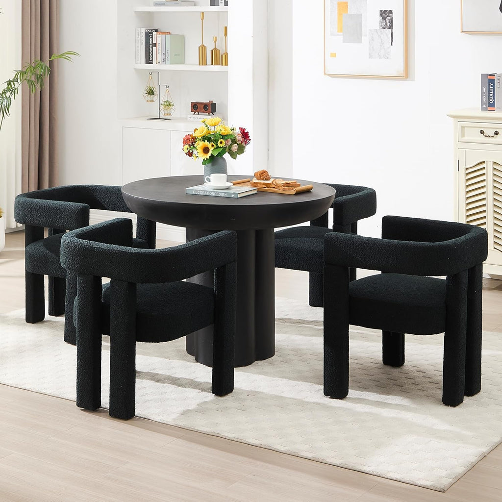 Boucle Barrel Side Chairs Set of 4, Modern Designed Upholstered Compy Sherpa Teddy Fabric Accent Kitchen/Dining Chair, Kitchen Armchair for Living Room office Dining Room Bedroom (Black, Set of 4)