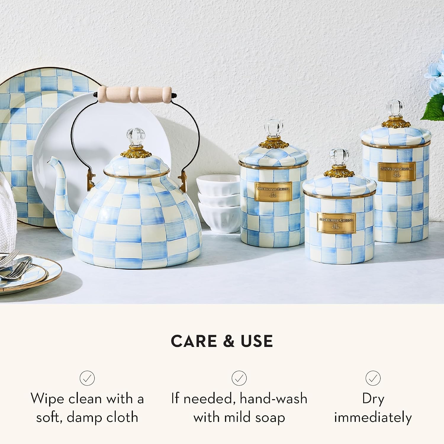 MACKENZIE-CHILDS Enamel Canister, Kitchen Storage Container with Lid, Small, 38-Ounce Capacity, Light-Blue-and-White Sky Check