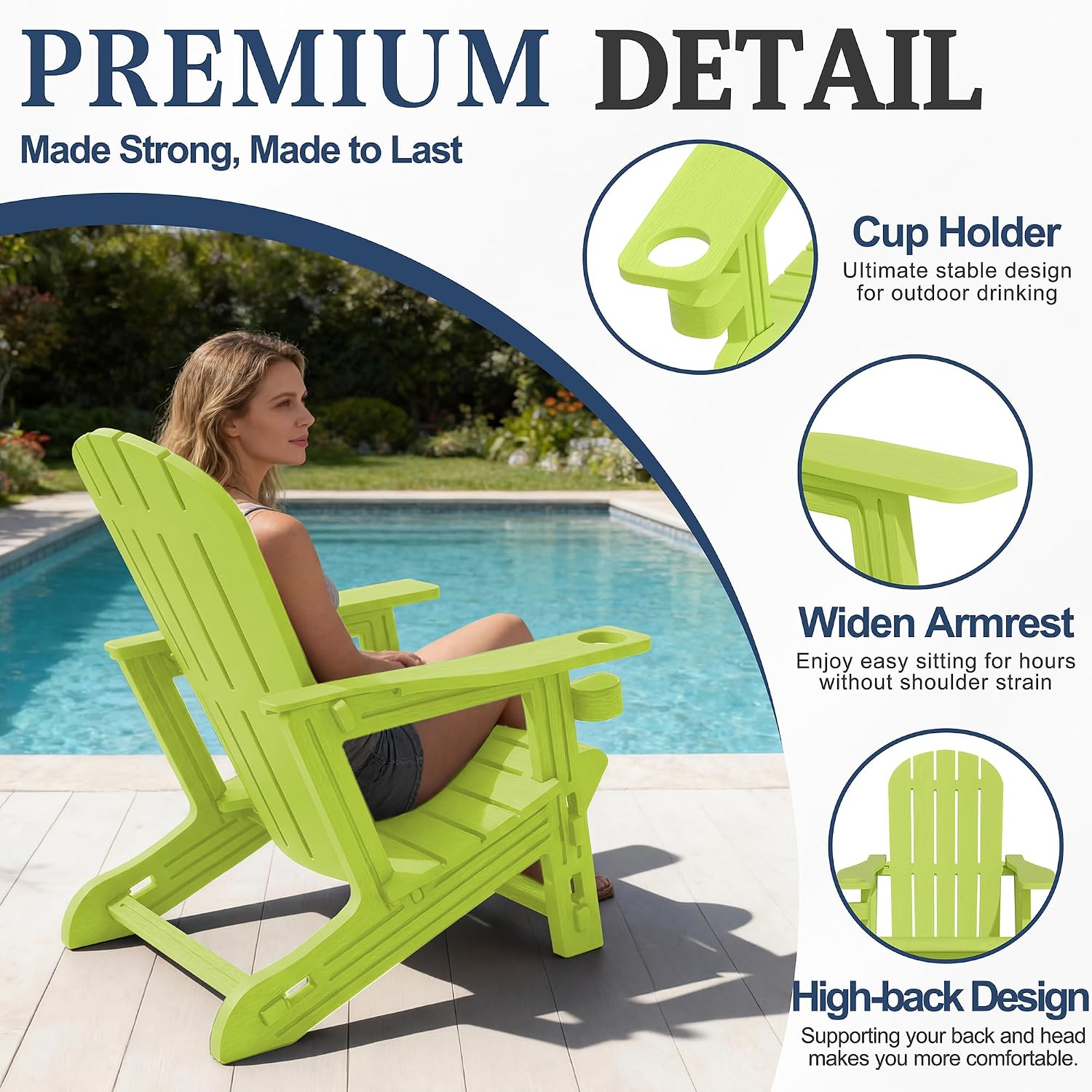Vongrasig Adirondack Chairs Set of 2 with Removable Tabletop, Outdoor HDPE Plastic Fire Pit Chair Set with Wooden Textured, Cup Holder for Patio, Poolside, Deck, Garden, Green, 3 Pieces