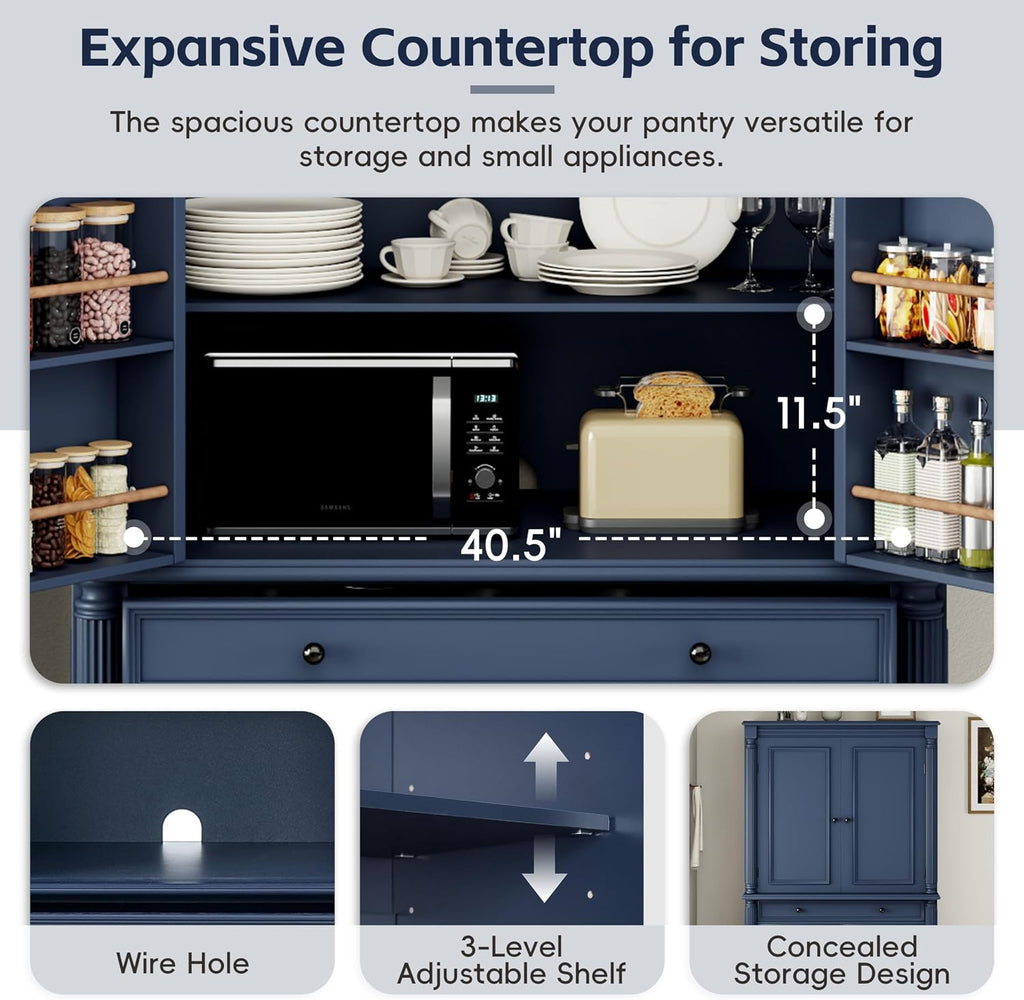 Freestanding 77.3" Tall Storage Cabinet, Wooden Pantry，Blue | Retro Large Kitchen Pantry, 2 Adjustable Shelves, 5 Drawers, 6 Door Shelves