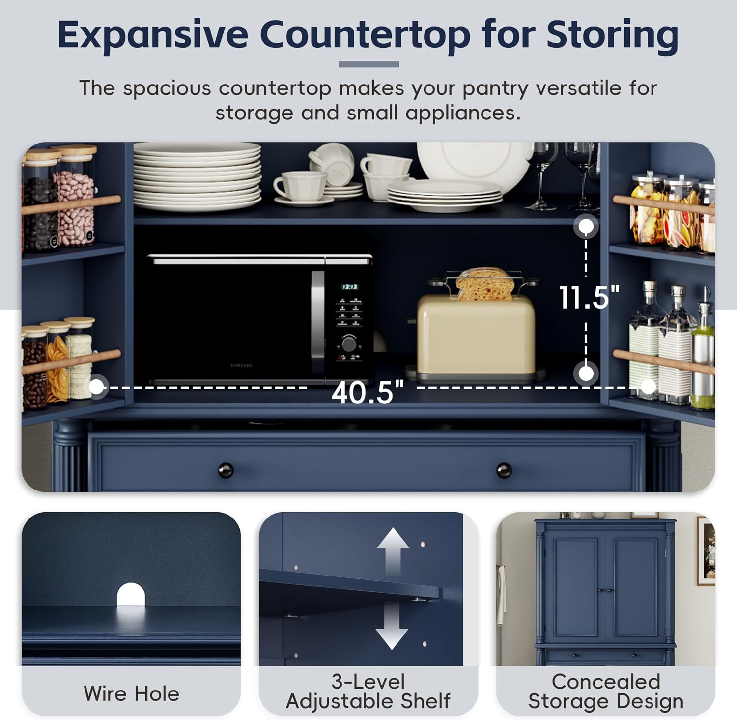 Polibi Large Freestanding Kitchen Pantry, 43.3"x20"x77.3" Tall Storage Cabinet with 5 Drawers, 2 Adjustable Shelves & 6 Door Shelves, Vintage Blue Cupboard for Organization