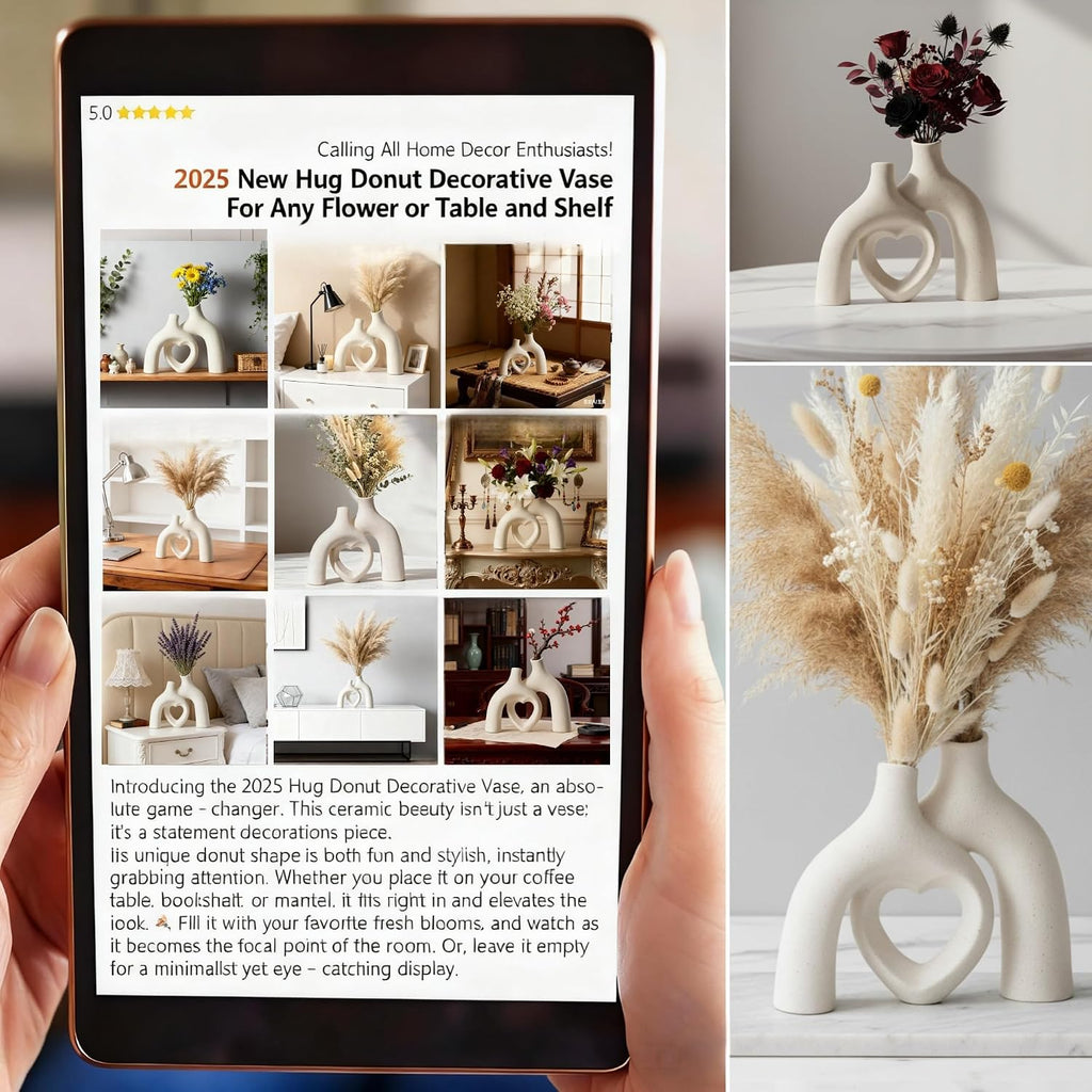 Liotww Snuggle Hollow Hug Donut Ceramic Vase, 8.3 Inch Modern Nordic Boho Style Aesthetic Decorative Flower Vases for Home Decor Pottery Barn Dining Living Room Table Shelf (Milky White)