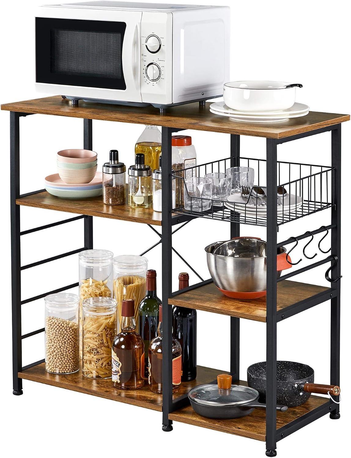 Yaheetech Kitchen Island, 3-Tier Industrial Microwave Stand Cart Shelf, Freestanding Utility Storage Rack for Spice Rack Organizer w/6 S-Shaped Hooks, Easy Assembly, Rustic Brown