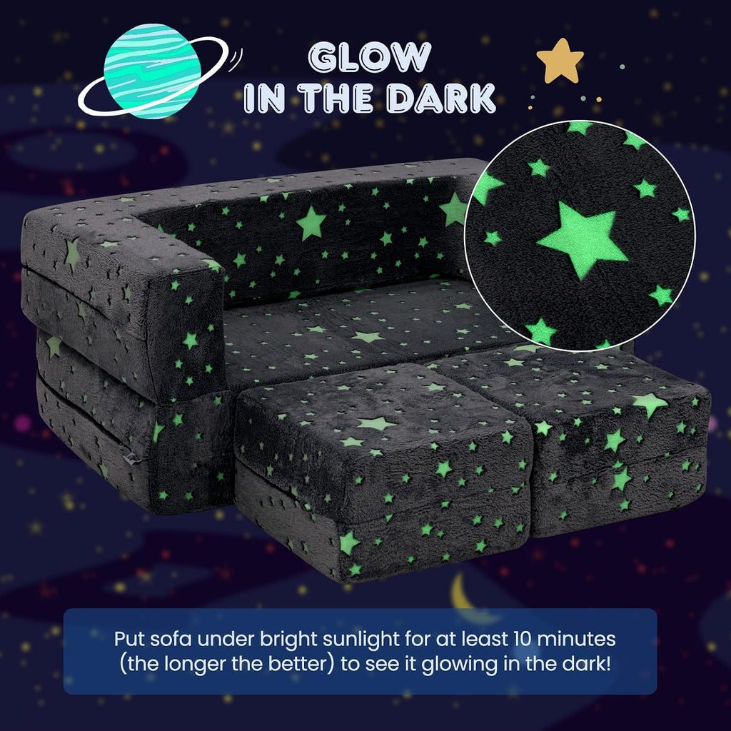Costzon Modular Kids Play Couch Set, Glow in the Dark 2 Seat Toddler Chair, Fold Out Children Sofa Couch, Bedroom Playroom Furniture for Toddlers, Convertible Foam and Floor Cushion for Boys Girls