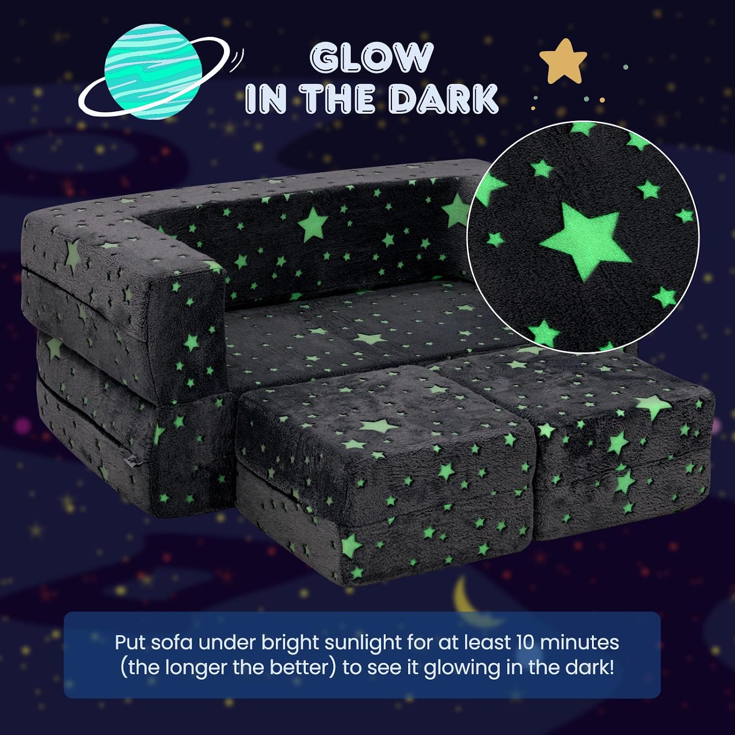 Costzon Modular Kids Play Couch Set, Glow in the Dark 2 Seat Toddler Chair, Fold Out Children Sofa Couch, Bedroom Playroom Furniture for Toddlers, Convertible Foam and Floor Cushion for Boys Girls