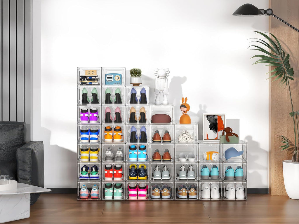 XX-Large Clear Shoe Storage Boxes with Magnetic Door, Thickened Stackable Shoe Organizer 12 Pack, Sneaker Display Case for Closet Organization & Entryway Storage, Dust-Proof Space Saving System, White