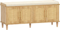 Akxomel Rattan Shoe Storage Bench with Cushion, 2-Tier Entryway Bench with Adjustable Shelves and 4 Doors, 15" D x 47.2" W x 20" H, Solid Wood Legs, for Hallway, Living Room, Bedroom, Natural Oak