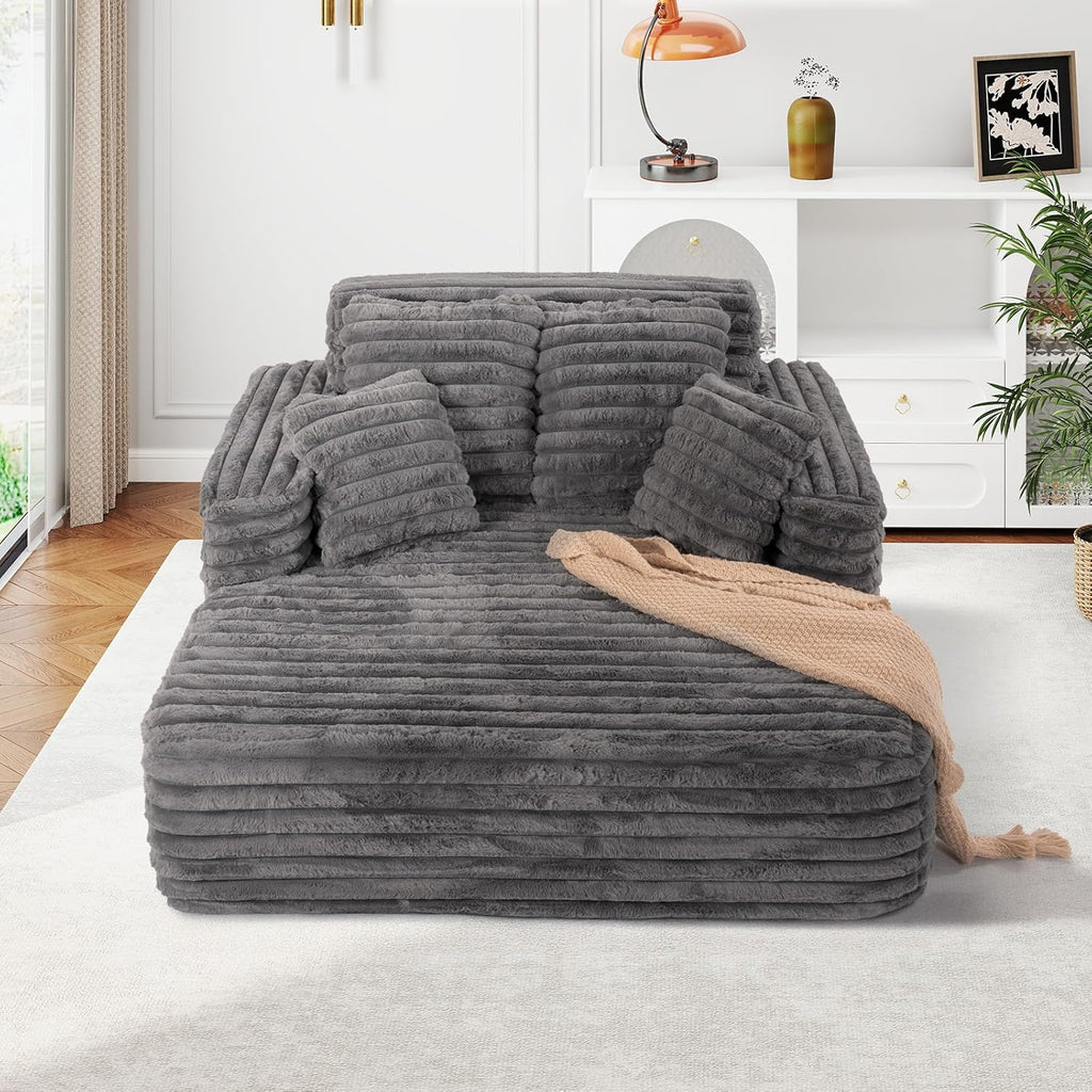 JEEOHEY 56" Oversized Chaise Lounge Chair Indoor,Plush Faux Fur Sleeper Sofa Couch Bed with Pillows&Wide Armrests,Fluffy Comfy Cloud Couch,Compression Foam Couch for Living Room,Bedroom(Grey)