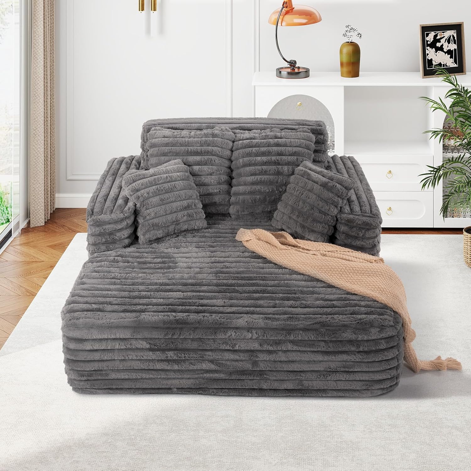 JEEOHEY 56" Oversized Chaise Lounge Chair Indoor,Plush Faux Fur Sleeper Sofa Couch Bed with Pillows&Wide Armrests,Fluffy Comfy Cloud Couch,Compression Foam Couch for Living Room,Bedroom(Grey)