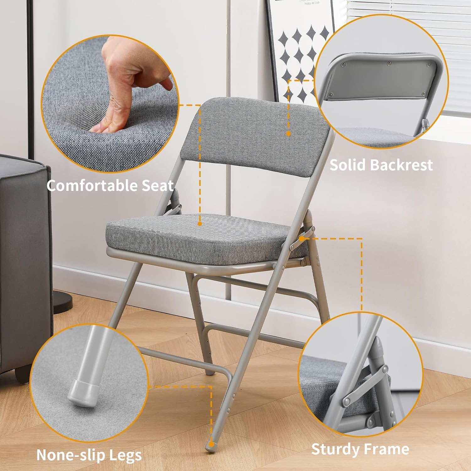 KAIHAOWIN 2 Pack Padded Folding Chairs Upholstered Foldable Chair with Ultra Thick Padded Seat Comfortable Metal Chairs Indoor with Super Soft Fabric Cushion-Grey