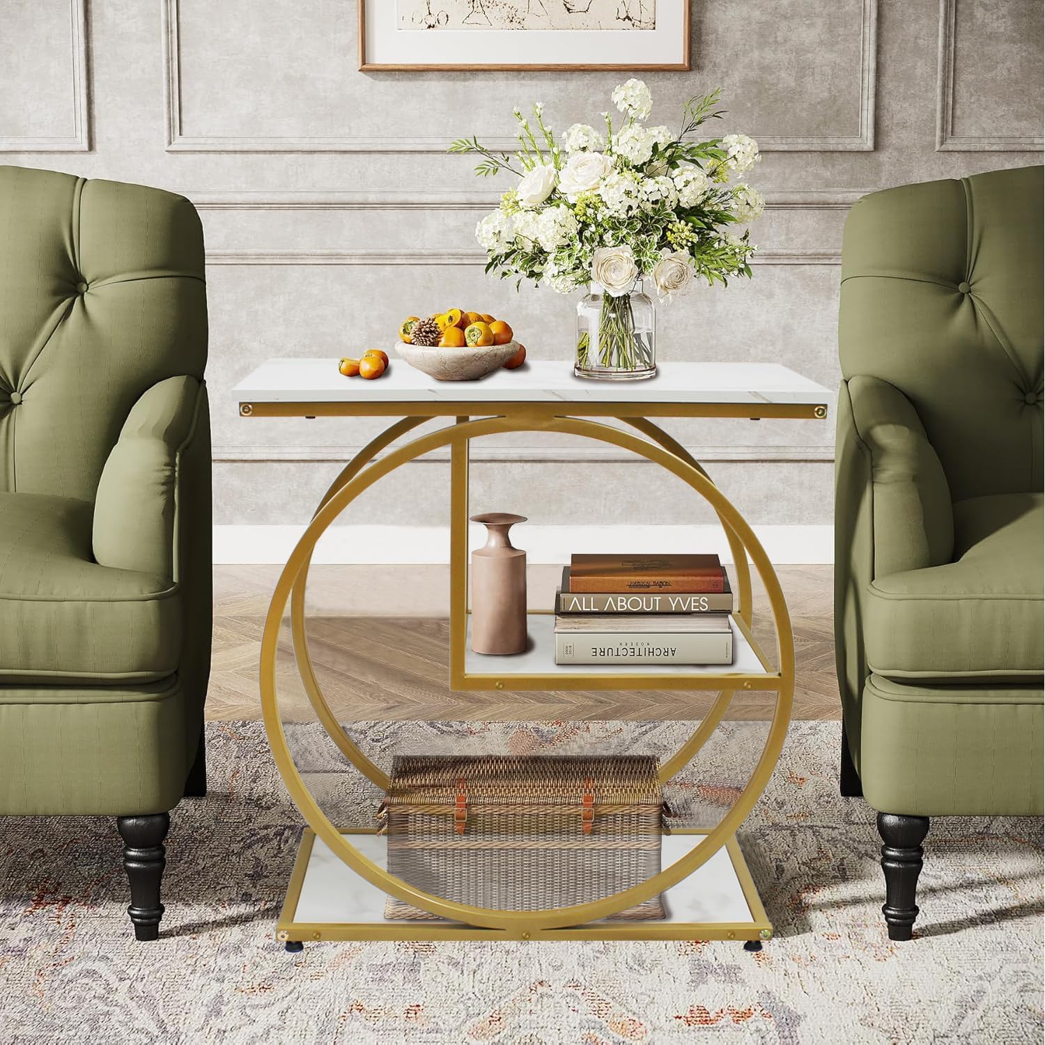 AT-VALY 3-Tier End Table, Side Table with Storage Shelves, Small Sofa Side Table for Living Room, Bedroom (Gold)
