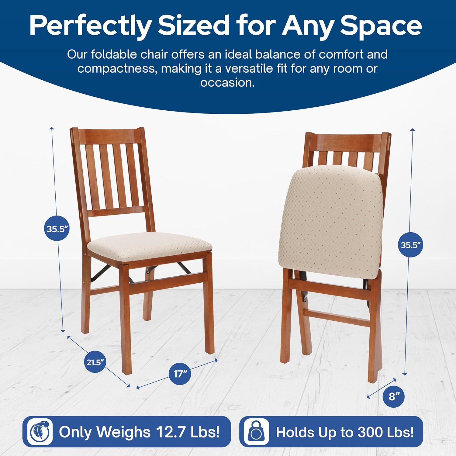 Stakmore Arts and Crafts Wooden Folding Chairs with Padded Seats, Set of 2 - No Assembly Foldable Dining Chairs, Steel Folding Mechanism, Upholstered Cushion, Space-Saving, Fruitwood Frame