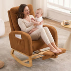 NIOIIKIT Modern Nursery Rocking Chair with Footrest, Teddy Upholstered Recliner Glider Chair with Diamond Shape Back, Tufted Rocking Chair with Side Pocket, Cozy Rocker Reading Chair (Brown)