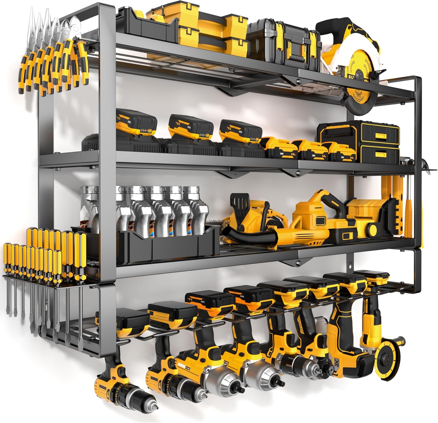 MOOMSINE Large Power Tool Organizer Wall Mount, 4-Tier Heavy Duty Metal Storage Rack Loads 400lbs, Battery Tools Hanger with 8 Cordless Drill Holder for Garage, Workshop, Pegboard, Shed