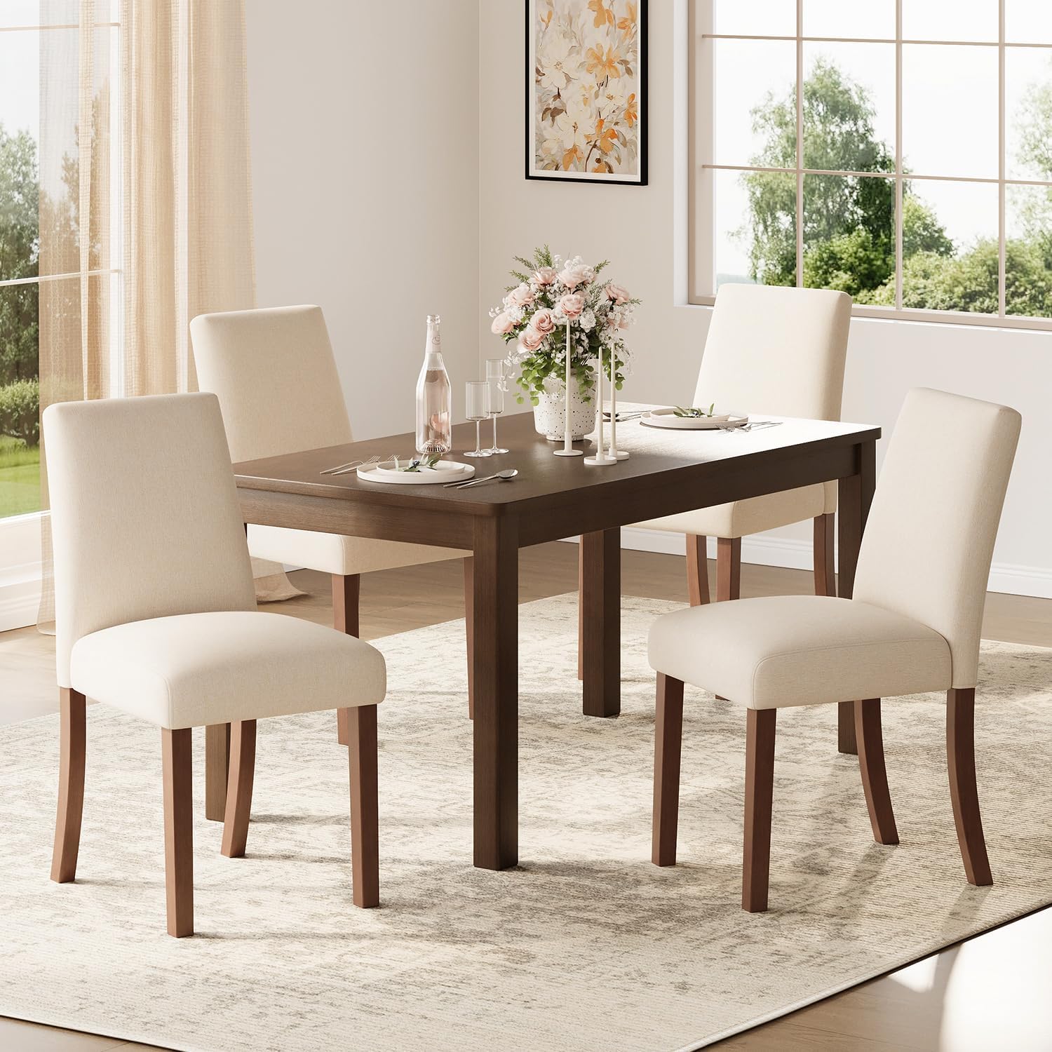 Dining Chairs Set of 4, Modern Dining Room Chairs with Wooden Legs, Upholstered Kitchen Farmhouse Parsons Chairs for Restaurant & Cafe- Beige