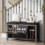UNIQUITE 40" Shoe Storage Bench with Flip Drawers & Padded Seat Cushion, Open Compartments & Slatted Doors, Entryway Bench with Shoe Storage for Entryway, Hallway, Living Room, Bedroom, Oak Grey
