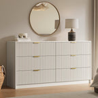 MAISONARIA 6 Drawer Dresser for Bedroom, 55" Wide Modern Chest of Drawers with Gold Metal Handles, Fluted Wood TV Stand for Living Room, Hallway(Beige)
