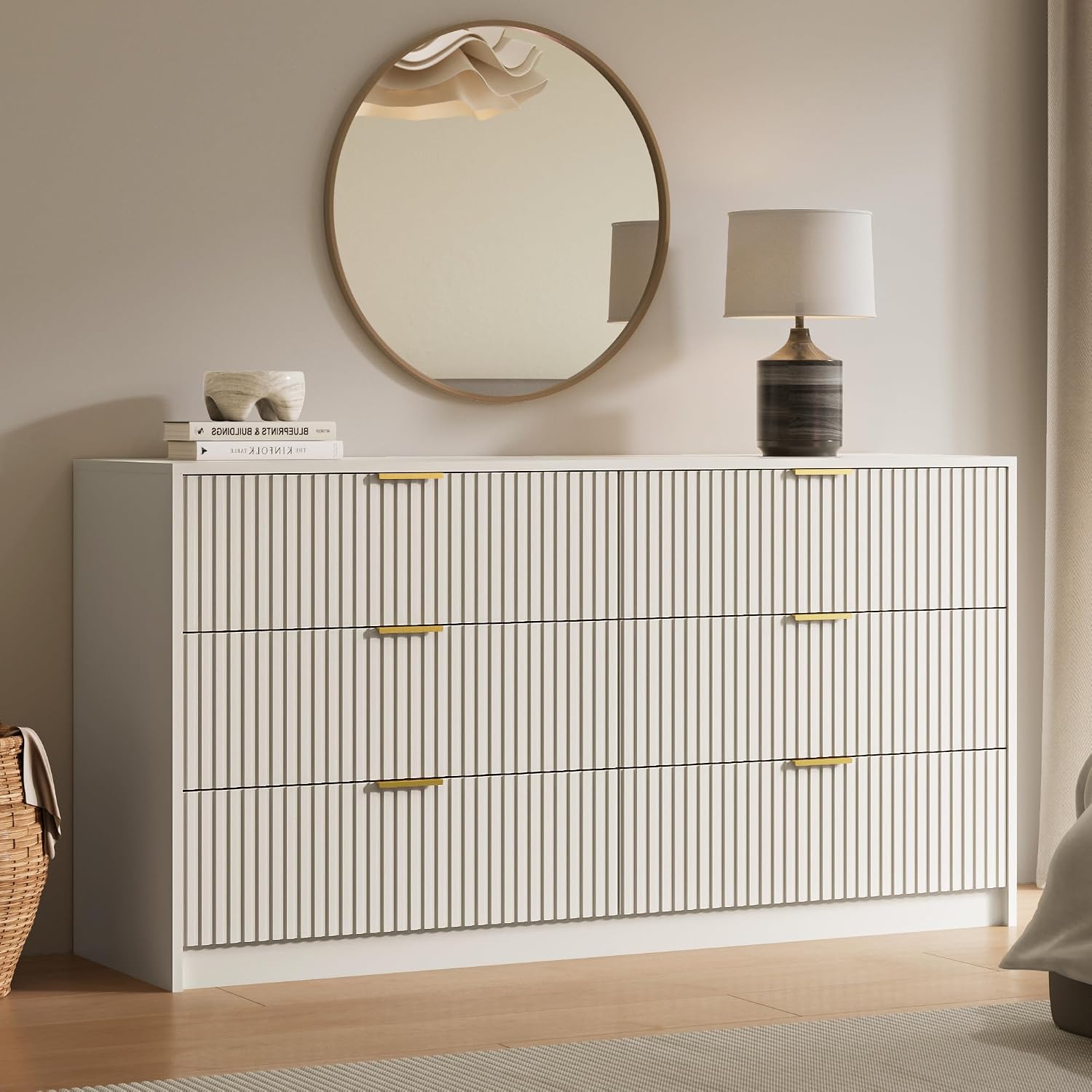 MAISONARIA 6 Drawer Dresser for Bedroom, 55" Wide Modern Chest of Drawers with Gold Metal Handles, Fluted Wood TV Stand for Living Room, Hallway(Beige)