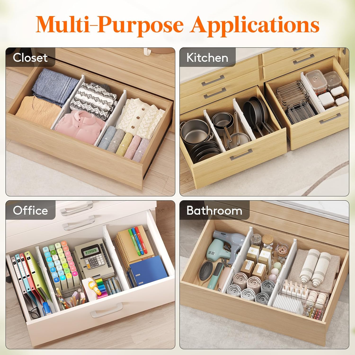 Lifewit 8" Tall 4 Pack Drawer Dividers, 13.8"-22.2" Adjustable Deep Drawer Organizer Clothes, Expandable White Plastic Separators for Dresser, Kitchen, Cabinet, Closet, Office Organization & Storage