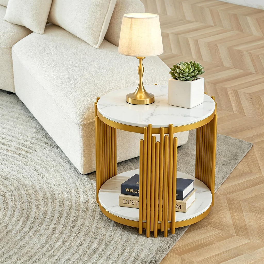 3 Piece Living Room Table Set, Faux Marble Round Coffee Table and End Tables, Luxury Modern White Coffee Table Set of 3 with Gold Metal Frame for Living Room, Bedroom, Apartment