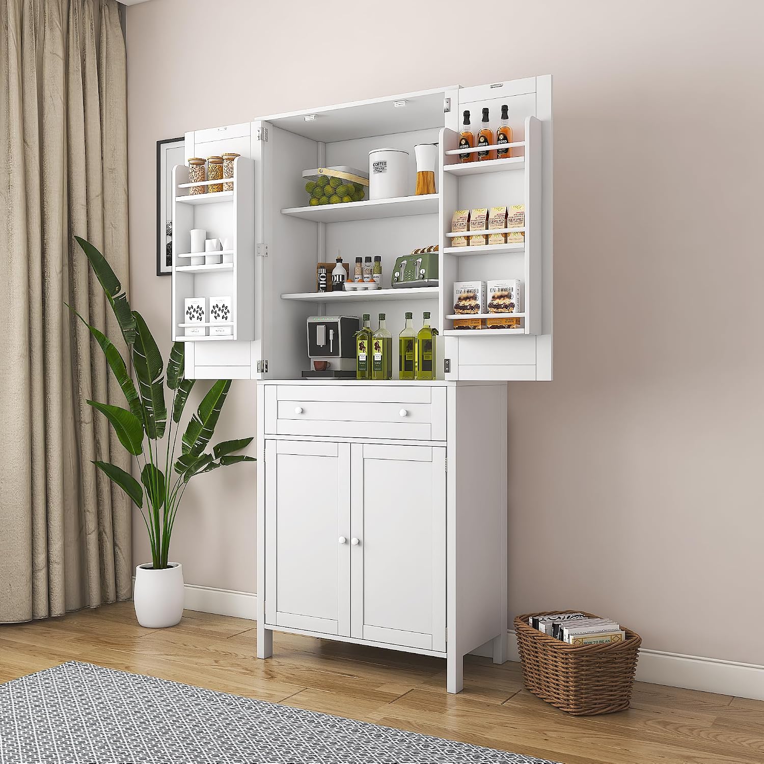 70.87" Tall Kitchen Pantry, Storage Cabinet, Kitchen Cabinet, Drawer and Adjustable Shelves, for Kitchen, Dining Room, White,15.75 * 29.53 * 70.87
