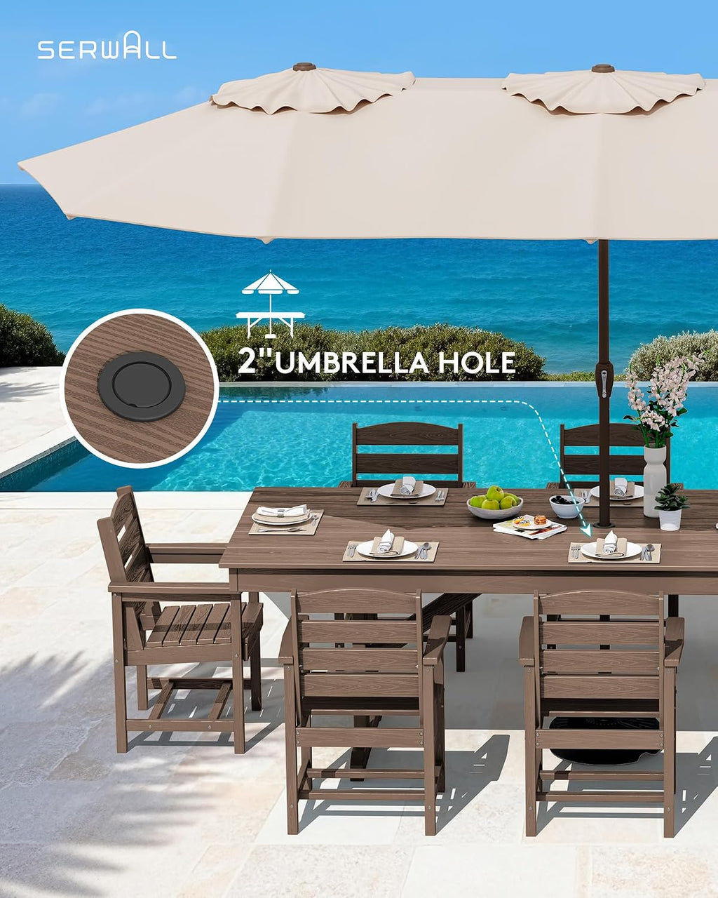 SERWALL Outdoor 84" HDPE Dining Table with Umbrella Hole for 6-8, Brown | 9-piece HDPE 84" dining table, Ideal for Outdoor Gathering