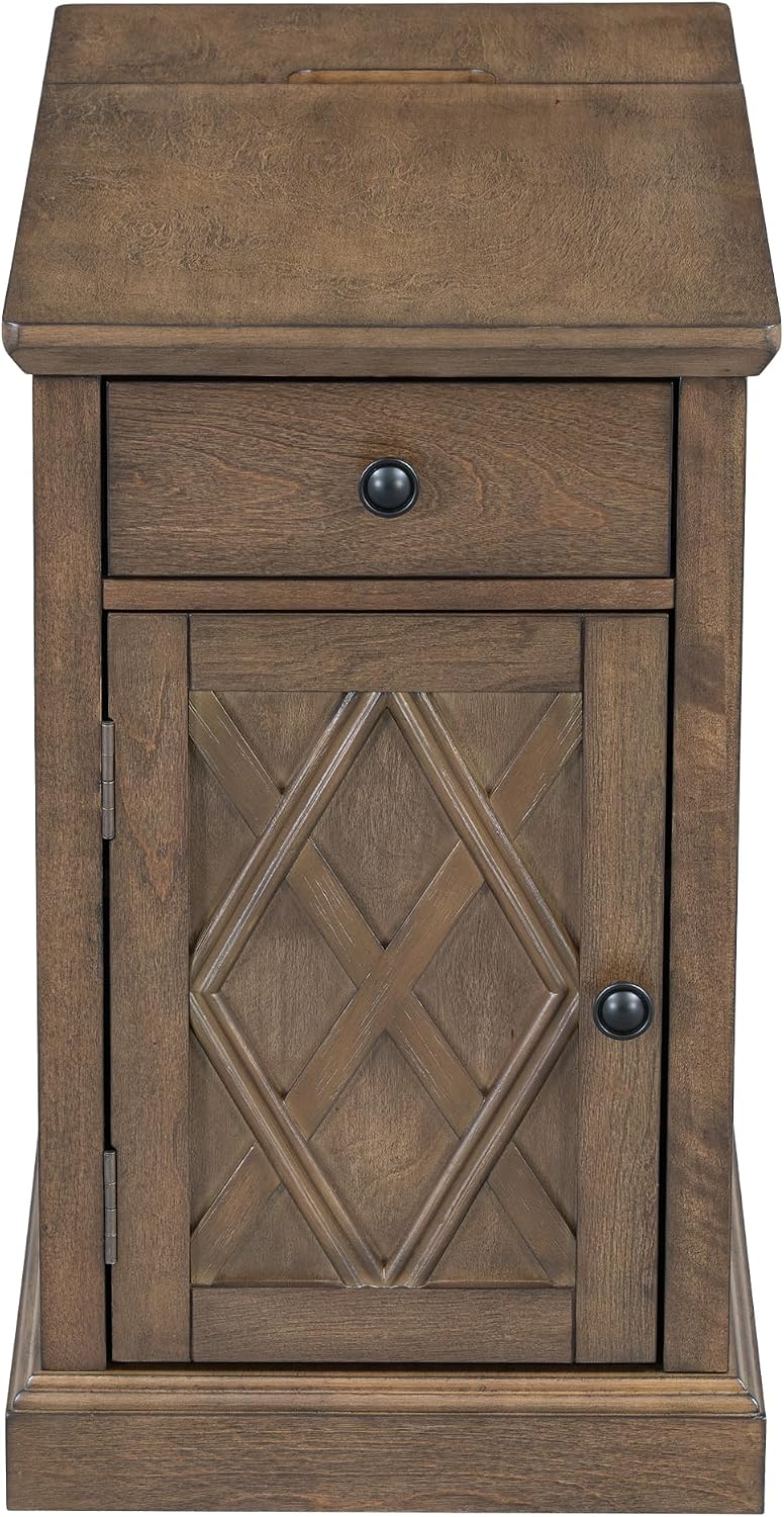 Merax Vintage End Table with Charging Station, Narrow Side Table with Cup Holders and Storage Cabinet for Living Room & Bedroom, Antique Brown